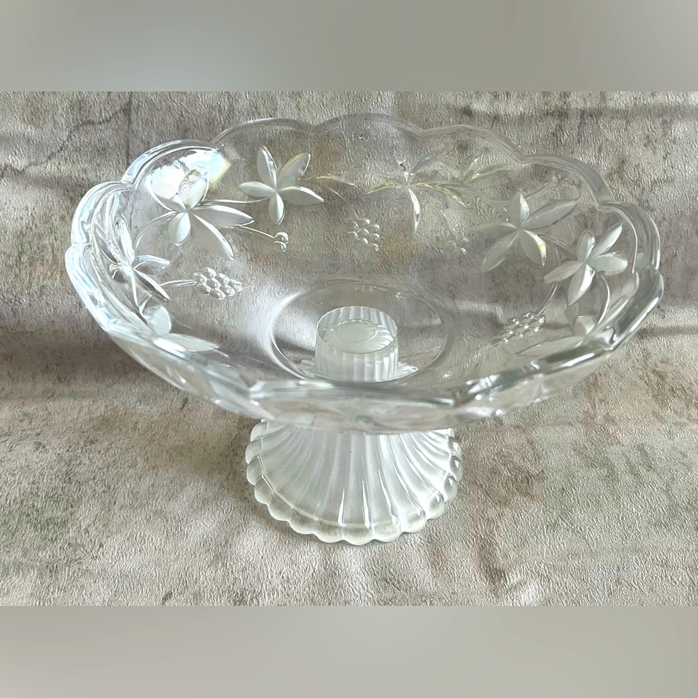 Clear Glass Floral Pedestal Compote Serving Bowl